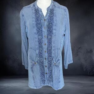 Signals Women's Boho Button-up Blouse Blue Size 1X Embroidered Cottage Western